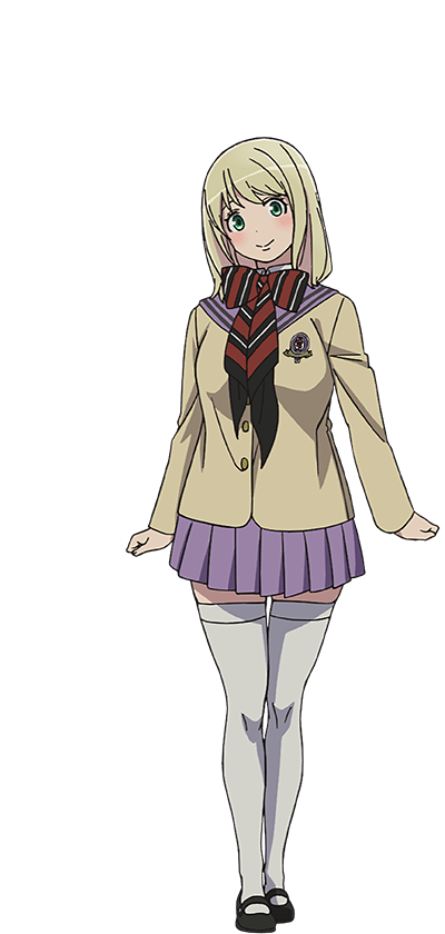 oohigashi yurie, moriyama shiemi, ao no exorcist, official art, 1girl, anime coloring, black shoes, blonde hair, blush, bow, bowtie, breasts, brown jacket, closed mouth, collared shirt, full body, green eyes, head tilt, jacket, large breasts, long sleeves, looking at viewer, mary janes, medium hair, pleated skirt, purple skirt, red bow, school uniform, shirt, shoes, simple background, skirt, smile, solo, standing, striped bow, tareme, tented shirt, thighhighs, transparent background, white shirt, white thighhighs, zettai ryouiki
