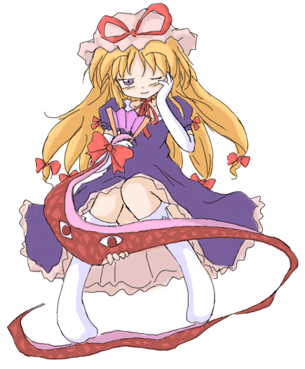 geetsu, yakumo yukari, touhou, 1girl, blonde hair, blush, bow, dress, elbow gloves, female focus, folding fan, full body, gap (touhou), gloves, hand fan, hand on own face, knees together feet apart, long hair, looking at viewer, no shoes, one eye closed, ribbon, socks, solo, white background, white gloves, white socks