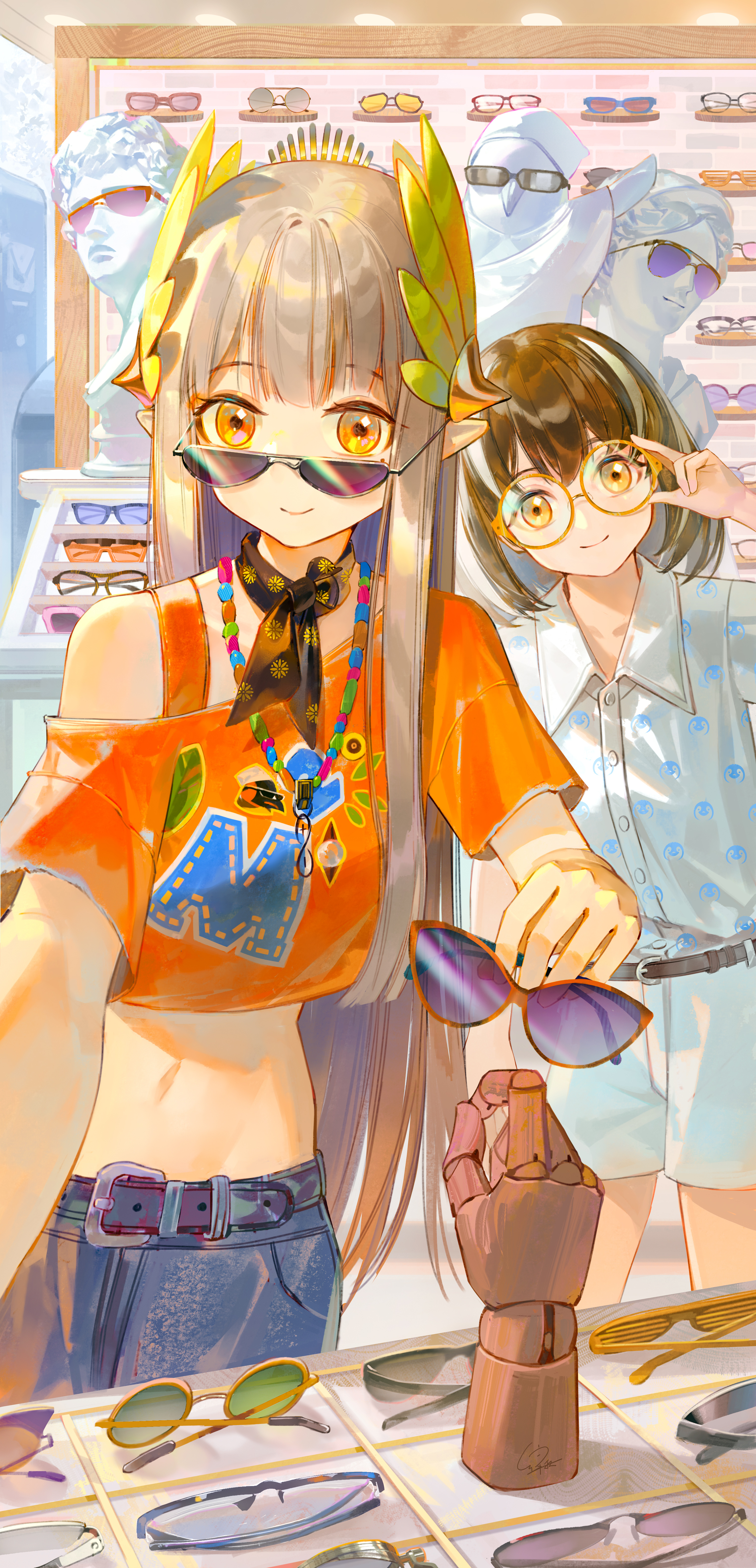 lyuqiu, magallan (arknights), muelsyse (arknights), arknights, absurdres, commentary, highres, 2girls, adjusting eyewear, brown hair, collared shirt, cropped shirt, elf, glasses, holding, holding removed eyewear, laurel crown, looking at viewer, mole, mole under eye, multicolored hair, multiple girls, orange shirt, pointy ears, sculpture, shirt, streaked hair, sunglasses, t-shirt, too many glasses, unworn eyewear