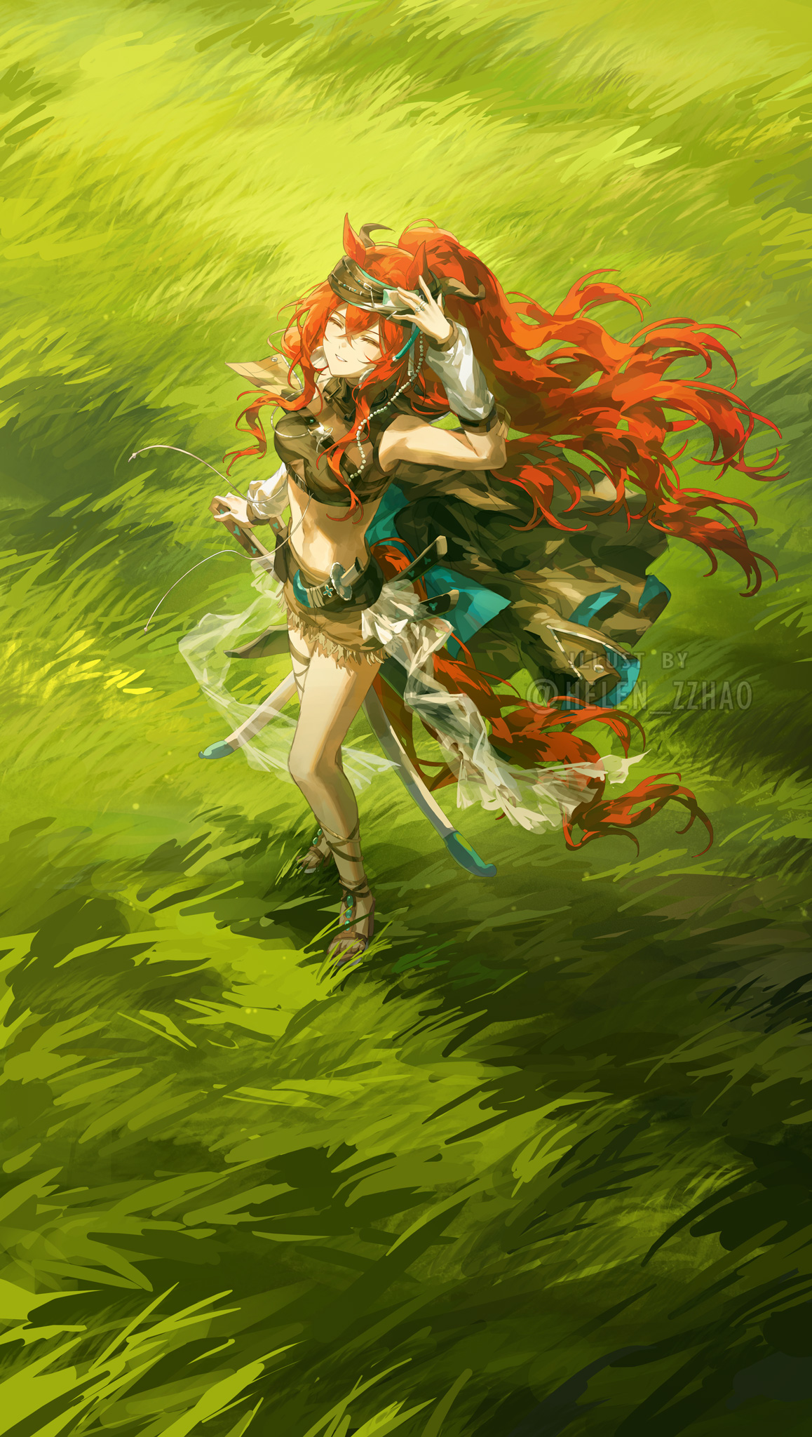 helen zzhao, narantuya (arknights), arknights, highres, 1girl, animal ears, arm warmers, bare shoulders, black headband, black jacket, black shorts, black sports bra, blush, brown sandals, closed eyes, closed mouth, crossed bangs, hair between eyes, headband, horse ears, horse girl, horse tail, jacket, long hair, navel, ponytail, red hair, sandals, short shorts, shorts, sidelocks, smile, solo, sports bra, stomach, sword, tail, toes, unworn jacket, weapon