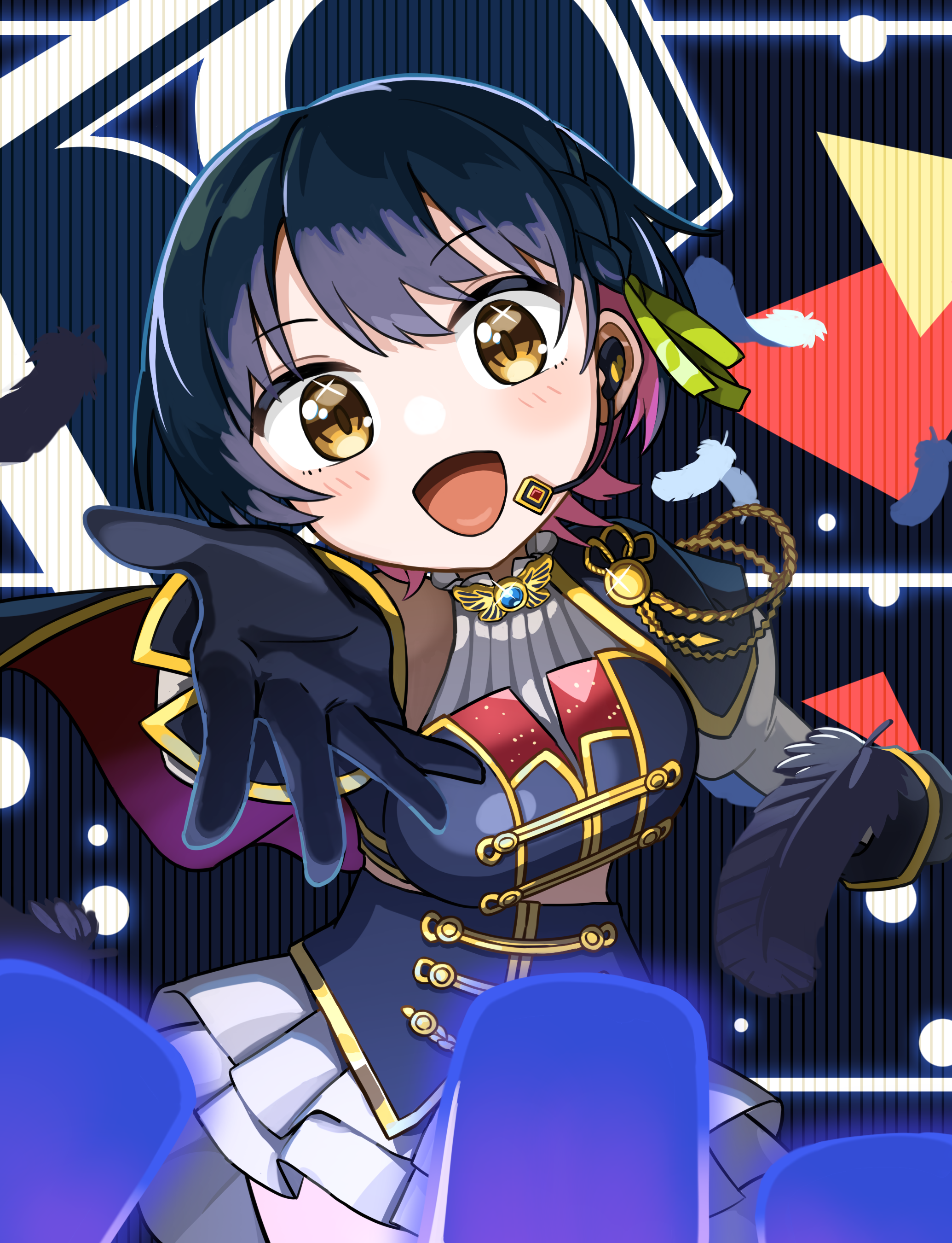 marlowe, yamagami karuta, nijisanji, absurdres, highres, 1girl, black gloves, black shirt, black skirt, falling feathers, feathers, foreshortening, gloves, glowstick, green ribbon, headset, looking at viewer, midriff, no nose, open mouth, outstretched arm, pleated skirt, ribbon, shirt, skirt, solo, virtual youtuber