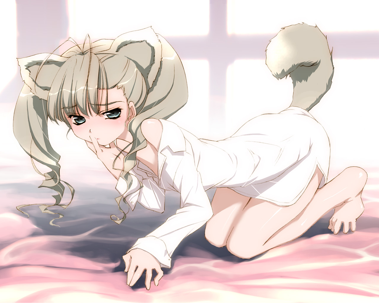 akata itsuki, aino pekonen, kokoro navi, 1girl, all fours, animal ears, barefoot, bed, blush, bottomless, brown hair, dog ears, dog tail, drill hair, feet, female focus, full body, grey eyes, long hair, shirt, solo, tail