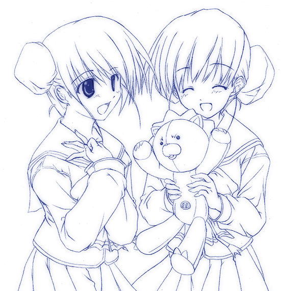 yonekura kihiro, himeyuri ruri, himeyuri sango, kon (bleach), bleach, to heart (series), to heart 2, 2girls, blue theme, bun cover, crossover, double bun, hair bun, lineart, monochrome, multiple girls, parody, pleated skirt, purple theme, school uniform, serafuku, siblings, sisters, skirt, stuffed animal, stuffed lion, stuffed toy, twins