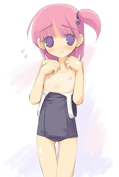 yaegashi nan, original, 1girl, black one-piece swimsuit, blush, clothes pull, female focus, flat chest, loli, nipples, one-piece swimsuit, one-piece swimsuit pull, pink hair, purple eyes, school swimsuit, short hair, solo, swimsuit, thigh gap, topless female