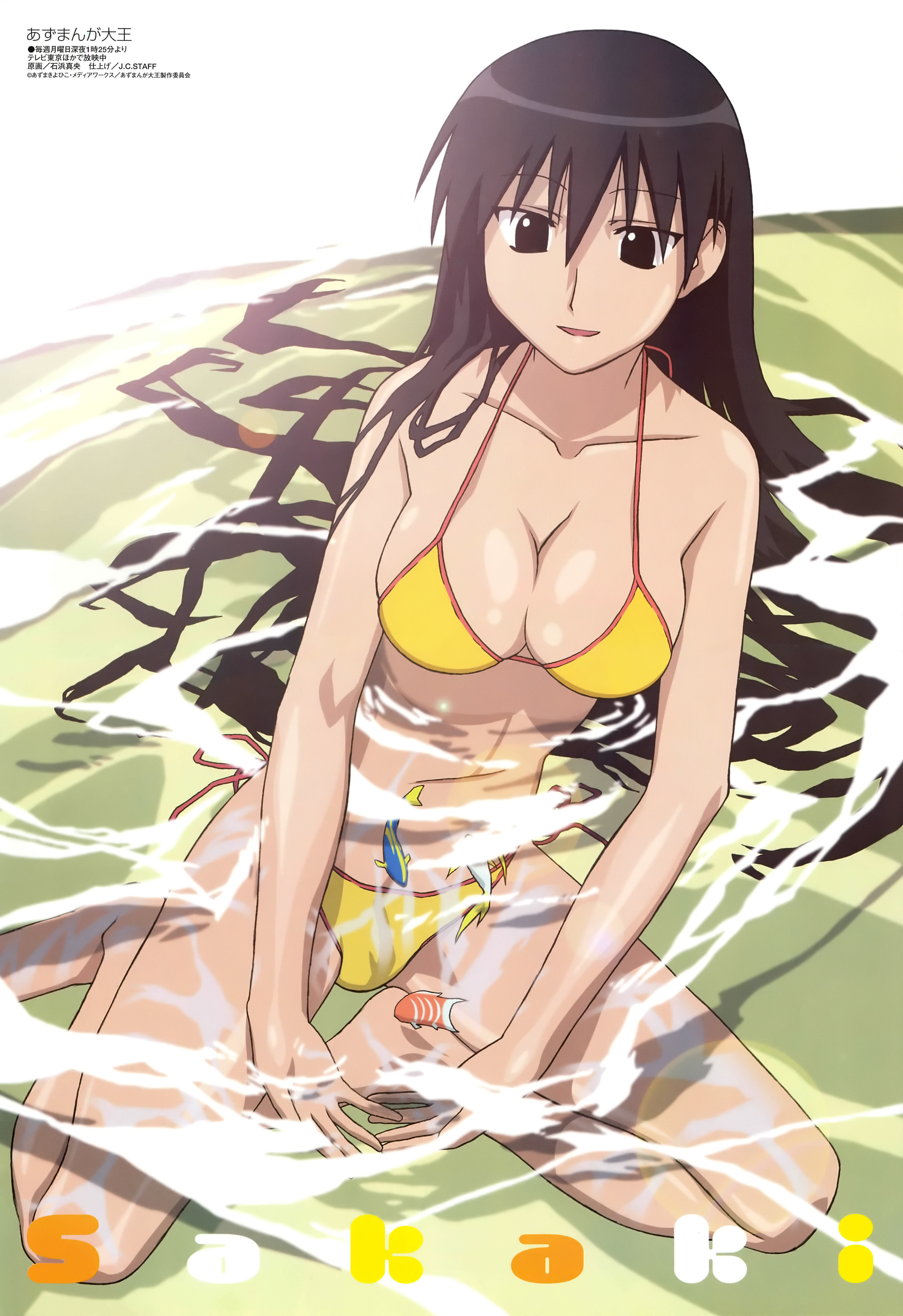 ishihama masashi, sakaki (azumanga daioh), azumanga daiou, absurdres, highres, official art, 1girl, bikini, black eyes, black hair, breasts, cleavage, copyright name, female focus, fish, halterneck, large breasts, long hair, medium breasts, side-tie bikini bottom, solo, swimsuit, very long hair, yellow bikini