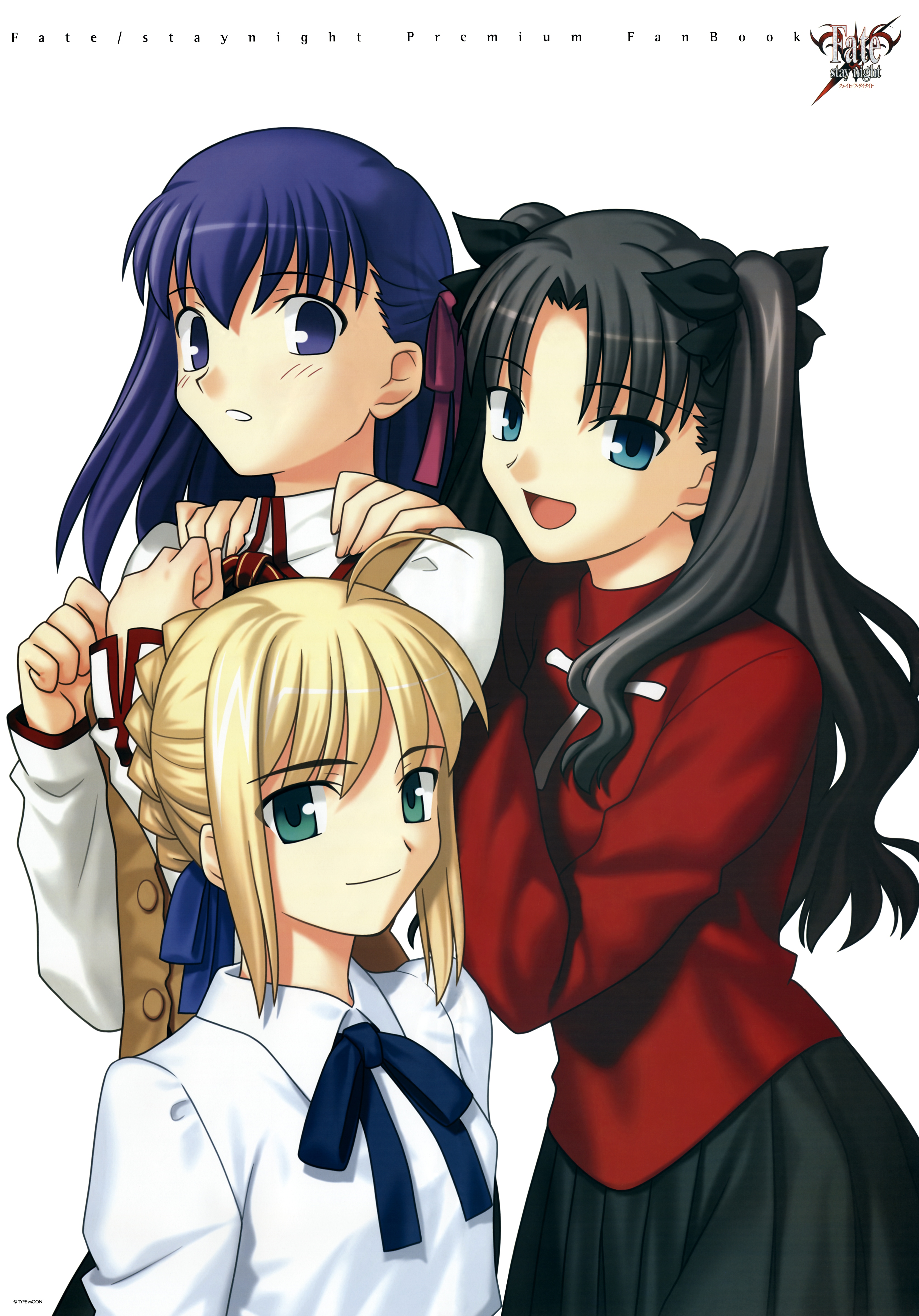 takeuchi takashi, artoria pendragon (fate), matou sakura, saber (fate), tohsaka rin, fate/stay night, fate (series), absurdres, highres, 00s, 3girls, ahoge, black hair, blonde hair, blouse, blue eyes, green eyes, long hair, multiple girls, purple eyes, purple hair, shirt, turtleneck, twintails, two side up