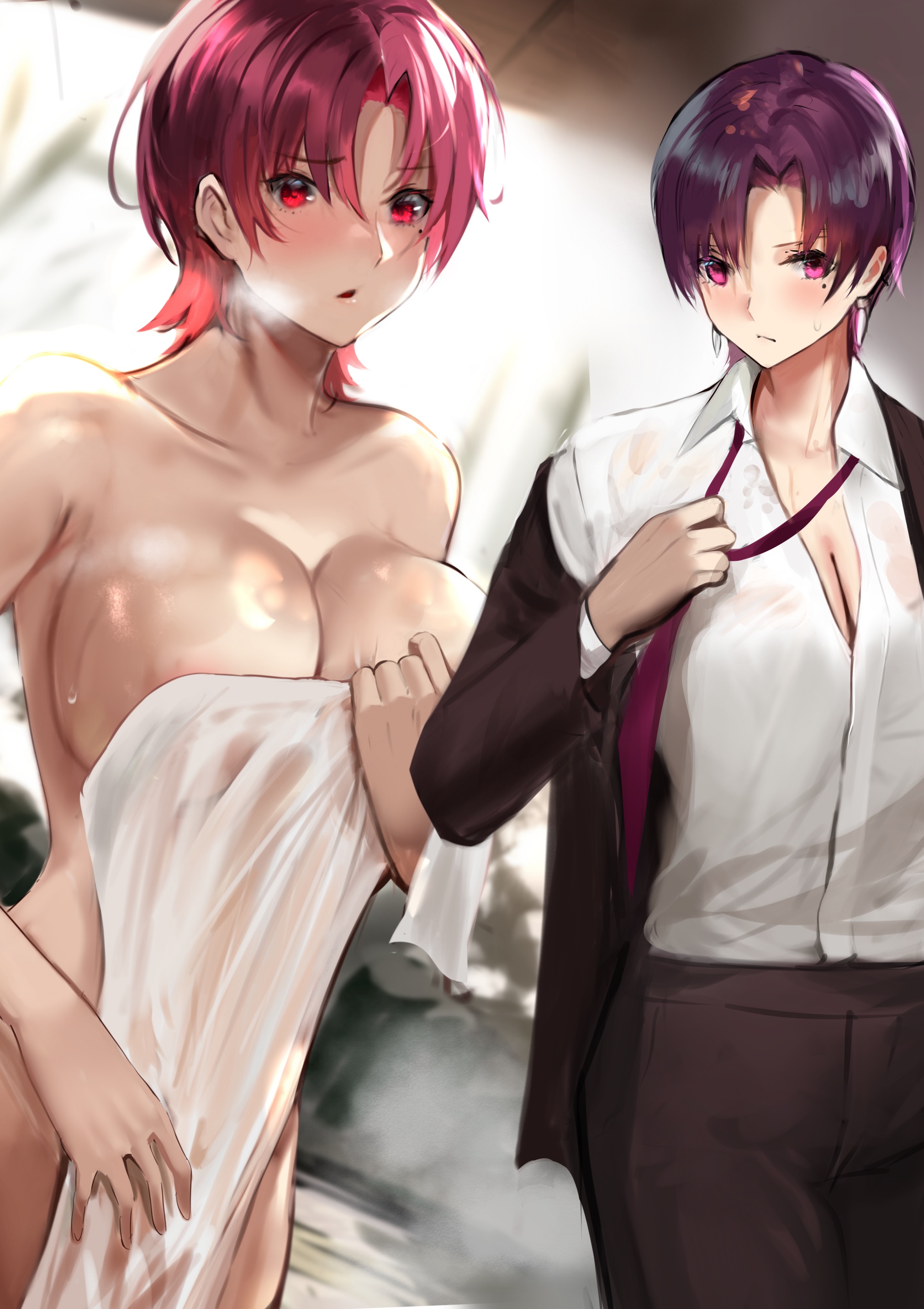 jikihatiman, bazett fraga mcremitz, fate/hollow ataraxia, fate (series), absurdres, highres, 1girl, bare shoulders, black jacket, black pants, black suit, blush, breasts, cleavage, collared shirt, dress shirt, earrings, formal clothes, jacket, jewelry, large breasts, long sleeves, looking at viewer, mole, mole under eye, multiple views, naked towel, necktie, pants, parted bangs, purple hair, red eyes, shirt, short hair, suit, towel, white shirt