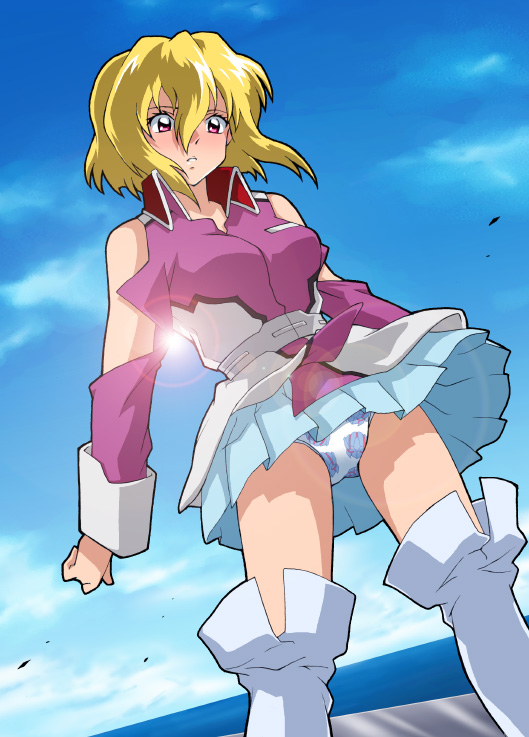 stellar loussier, gundam, gundam seed, gundam seed destiny, 00s, 1girl, boots, female focus, knee boots, lens flare, military, military uniform, miniskirt, panties, pantyshot, print panties, skirt, solo, underwear, white boots, white panties, wind, wind lift