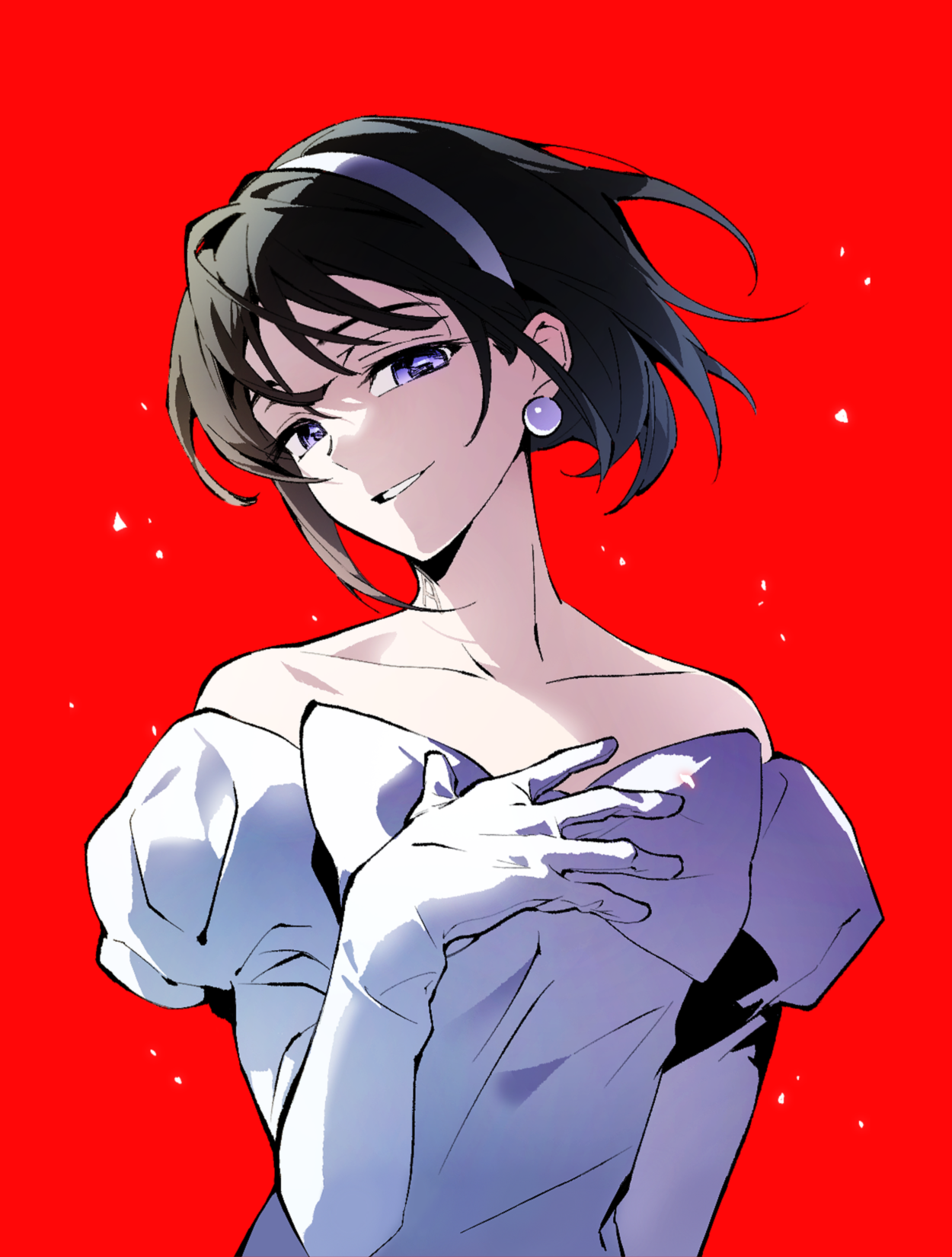 jiaoshui98161, sua (alien stage), alien stage, chinese commentary, commentary request, highres, 1girl, bare shoulders, black hair, bob cut, dress, earrings, elbow gloves, gloves, hairband, hand on own chest, jewelry, juliet sleeves, long sleeves, off-shoulder dress, off shoulder, pearl earrings, puffy sleeves, purple eyes, red background, short hair, smile, solo, upper body, white dress, white gloves, white hairband