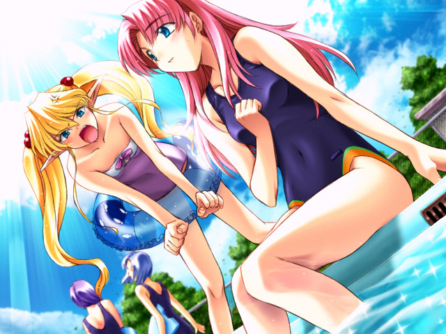 karen (artist), colette brause, musell classmine, pastel chime, pastel chime -koi no skill up-, game cg, 4girls, :o, anger vein, angry, arm support, back, bare shoulders, bent over, blonde hair, blue eyes, blue hair, blush, bow, casual one-piece swimsuit, chain-link fence, clenched hand, clenched hands, cloud, competition swimsuit, day, dutch angle, elf, fence, flat chest, floating hair, from behind, from below, hair between eyes, hair bobbles, hair ornament, hand on own chest, holding, innertube, kickboard, legs, light rays, long hair, long pointy ears, looking at viewer, multiple girls, navel, one-piece swimsuit, outdoors, pink hair, pointy ears, pool, poolside, purple hair, shadow, short hair, sidelocks, sitting, sky, soaking feet, sparkle, standing, sun, sunbeam, sunlight, swim ring, swimsuit, transparent, tree, twintails, very long hair, water, wet