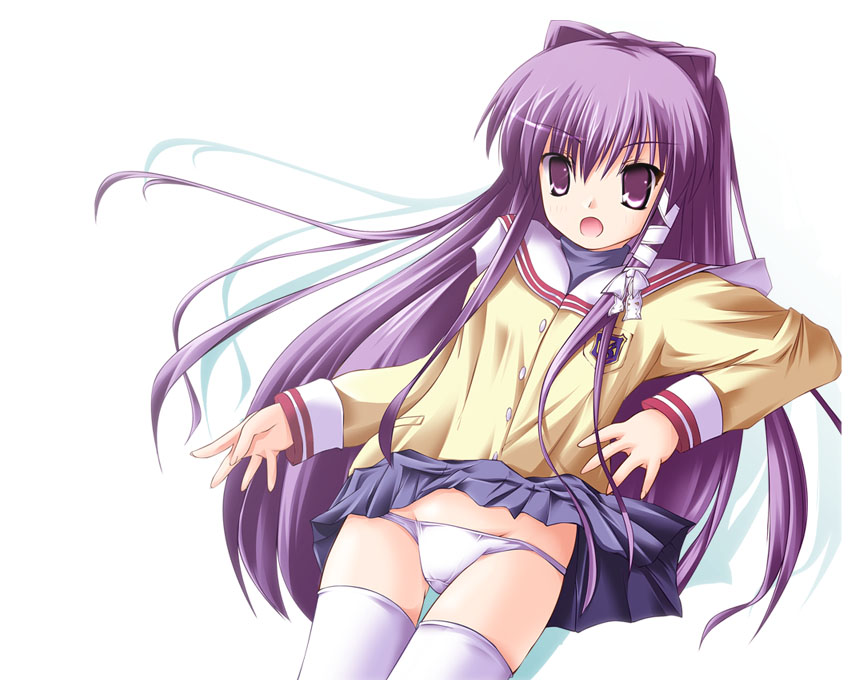 safi, fujibayashi kyou, clannad, 00s, 1girl, blush, female focus, hair ribbon, long hair, lowleg, lowleg panties, lying, miniskirt, on back, panties, pantyshot, pleated skirt, purple eyes, purple hair, ribbon, school uniform, serafuku, skirt, solo, thigh gap, thighhighs, thighs, tress ribbon, underwear, very long hair, white panties, white thighhighs