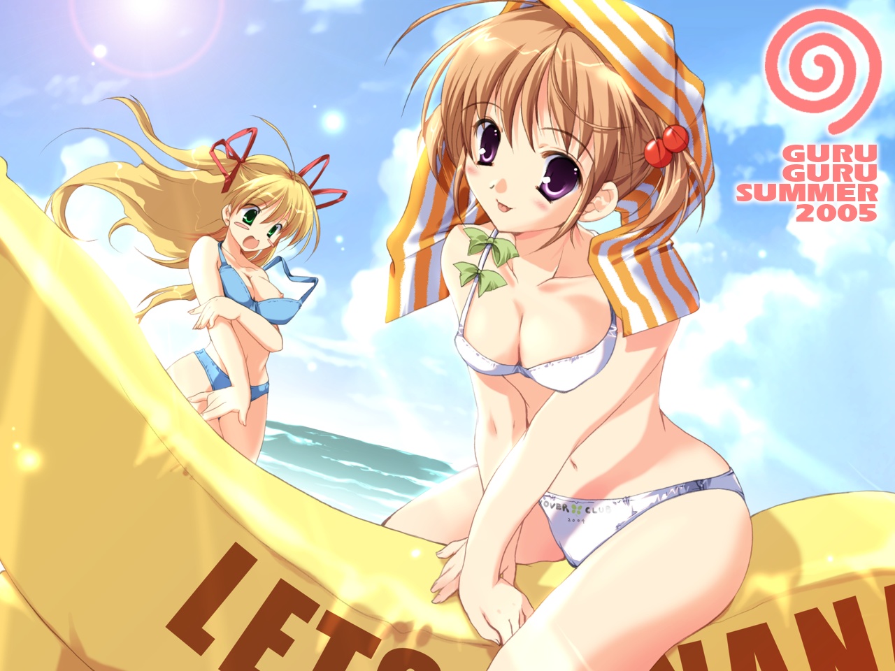 mikeou, galge.com, 2005, 2girls, banana, bikini, blonde hair, breasts, dated, day, food, fruit, green eyes, hip focus, medium breasts, multiple girls, nipple slip, nipples, on banana, purple eyes, ribbon, swimsuit, tongue, towel, wide hips