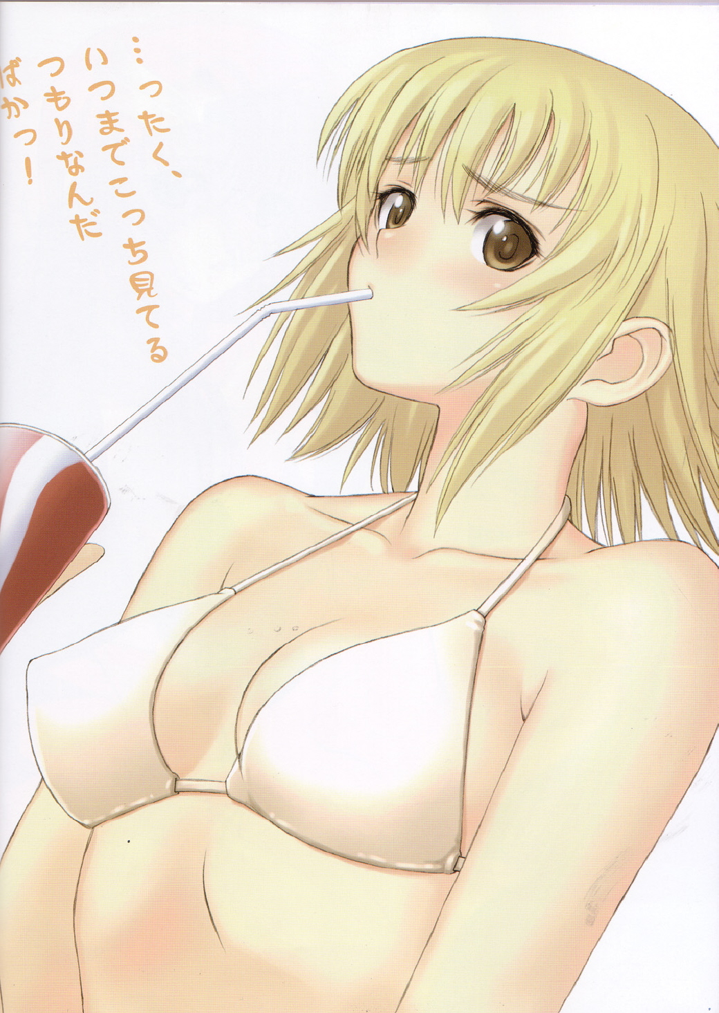 tony taka, cagalli yula athha, gundam, gundam seed, corrupted metadata, highres, 00s, 1girl, bikini, blonde hair, brown eyes, drinking straw, female focus, soda, solo, string bikini, swimsuit, white bikini