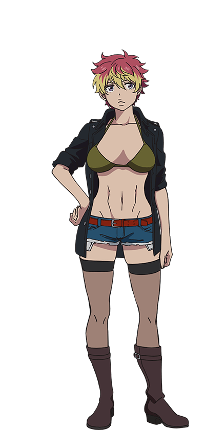 oohigashi yurie, kirigakure shura, ao no exorcist, official art, 1girl, anime coloring, belt, bikini, bikini top only, blonde hair, boots, breasts, brown bikini, brown boots, closed mouth, collarbone, denim, denim shorts, full body, green jacket, hair between eyes, hand on own hip, jacket, lace, lace thighhighs, large breasts, leather, leather jacket, looking at viewer, multicolored hair, navel, no shirt, purple eyes, red belt, red hair, short hair, shorts, simple background, sleeves rolled up, solo, standing, swimsuit, thighhighs, transparent background, two-tone hair