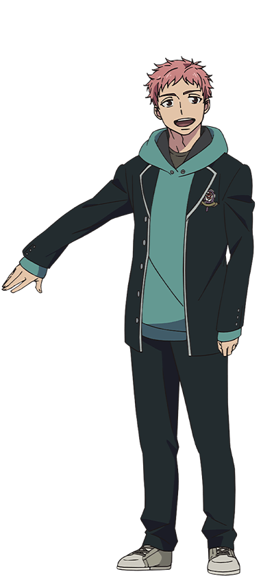 oohigashi yurie, shima renzou, ao no exorcist, official art, 1boy, anime coloring, brown shirt, full body, green hoodie, green jacket, green pants, grey shoes, hood, hood down, hoodie, jacket, long sleeves, looking at viewer, open clothes, open jacket, open mouth, outstretched arm, pants, pink hair, school uniform, shirt, shoes, short hair, simple background, smile, sneakers, solo, standing, tareme, teeth, transparent background, very short hair