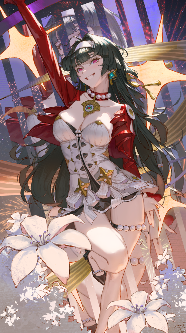 sib (9obsl), astra yao, zenless zone zero, commentary, 1girl, arm up, black hair, breasts, collarbone, dress, earrings, grin, hairband, jacket, jewelry, large breasts, long hair, looking at viewer, necklace, outstretched arm, pink eyes, red jacket, short dress, smile, solo, strapless, strapless dress, teeth, thighs, very long hair, white dress, white hairband