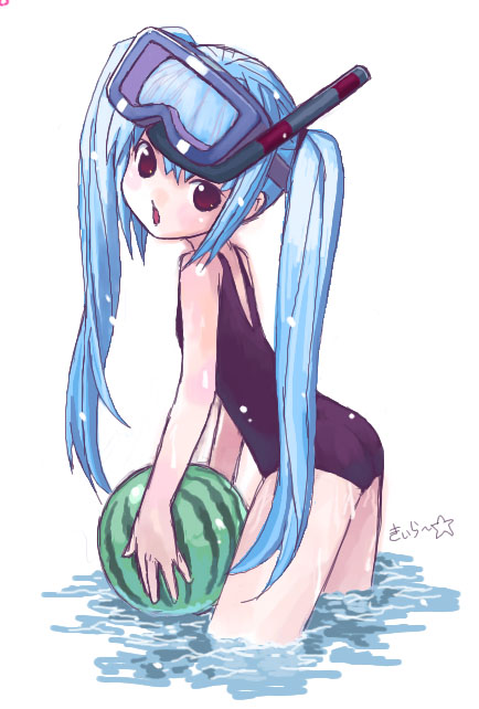 kiira, kooh (pangya), pangya, 1girl, blue hair, chestnut mouth, diving mask, diving mask on head, female focus, food, fruit, goggles, goggles on head, holding, holding food, holding fruit, holding watermelon, one-piece swimsuit, purple eyes, school swimsuit, snorkel, solo, swimsuit, twintails, wading, water, watermelon