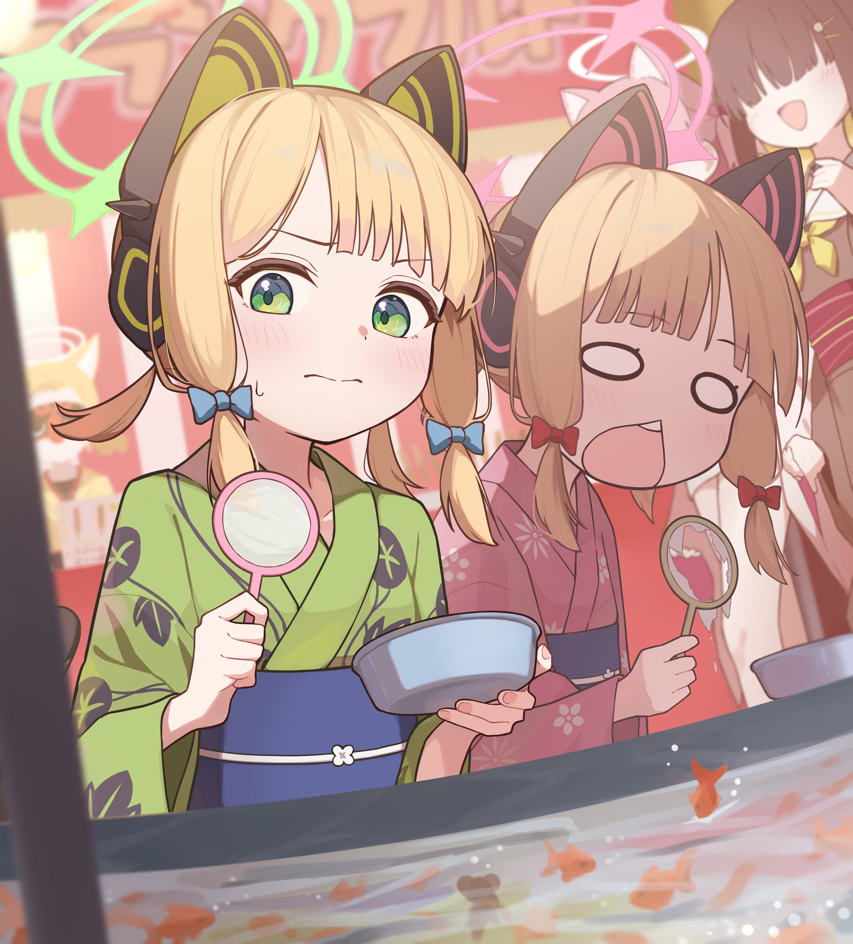 toki kimagure, midori (blue archive), momoi (blue archive), blue archive, absurdres, commentary request, highres, animal ear headphones, animal ears, blonde hair, closed mouth, fake animal ears, fish, green eyes, green kimono, halo, headphones, holding, japanese clothes, kimono, multiple girls, obi, open mouth, sash, siblings, sisters, twins
