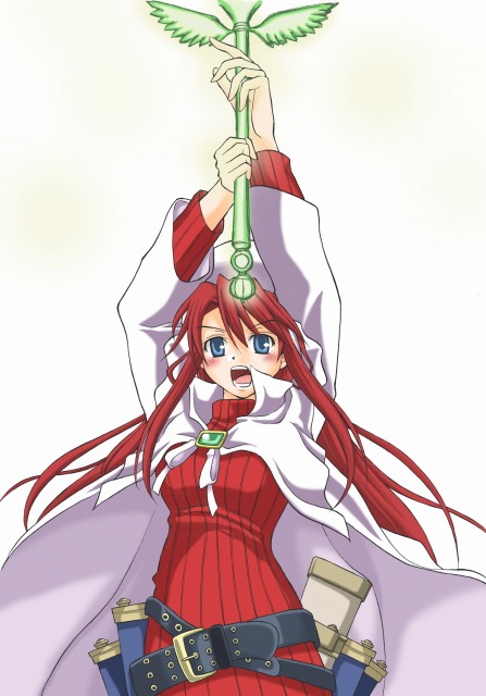 mizutani hozumi, aty, aty (summon night), summon night, summon night 3, 1girl, arms up, belt, belt skirt, beret, blue eyes, blush, brooch, cape, female focus, hat, jewelry, long hair, open mouth, red hair, solo, staff, turtleneck