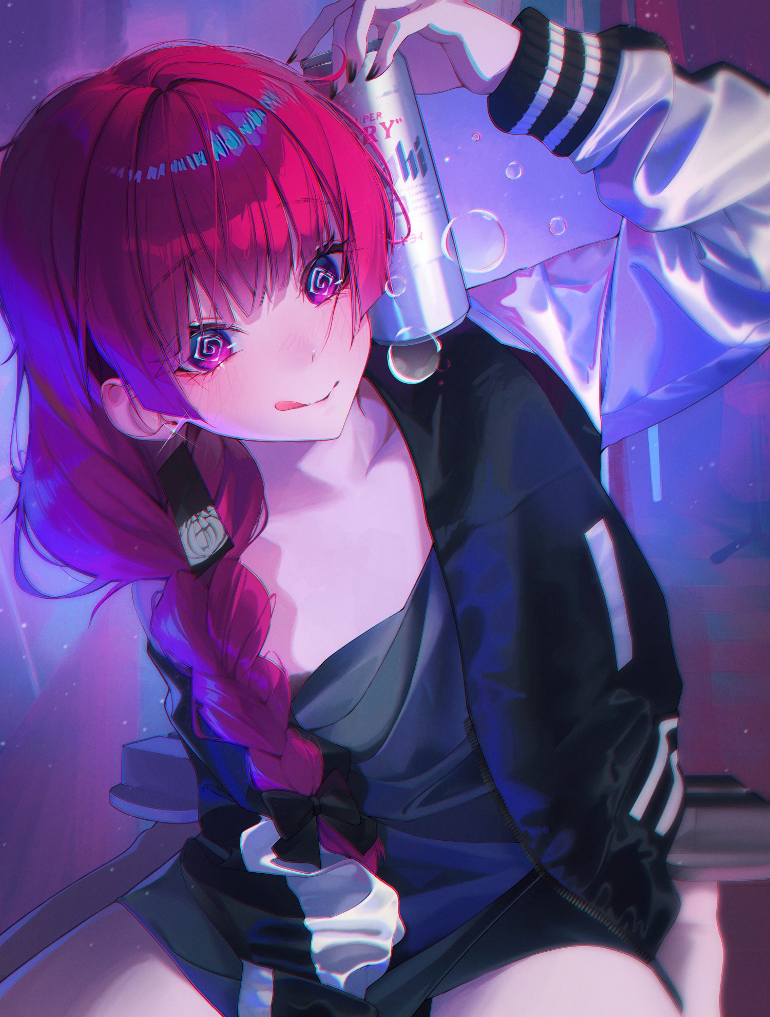 muring864, hiroi kikuri, asahi breweries, bocchi the rock!, commentary, highres, symbol-only commentary, 1girl, @ @, beer can, black jacket, black nails, blush, braid, can, collarbone, dress, drink can, earrings, green dress, hair over shoulder, hanafuda earrings, hand up, holding, holding can, jacket, jewelry, long hair, long sleeves, nail polish, purple eyes, purple hair, single braid, sitting, solo, tongue, tongue out, track jacket