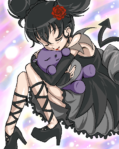 baku (onegai my melody), kuromi, kurumi nui, onegai my melody, sanrio, lowres, 00s, 1girl, bare shoulders, black dress, black hair, closed eyes, detached sleeves, double bun, dress, female focus, flower, hair bun, hair flower, hair ornament, high heels, hug, leg wrap, lipstick, makeup, oekaki, red flower, red lips, red rose, rose, shoes, short hair, solo