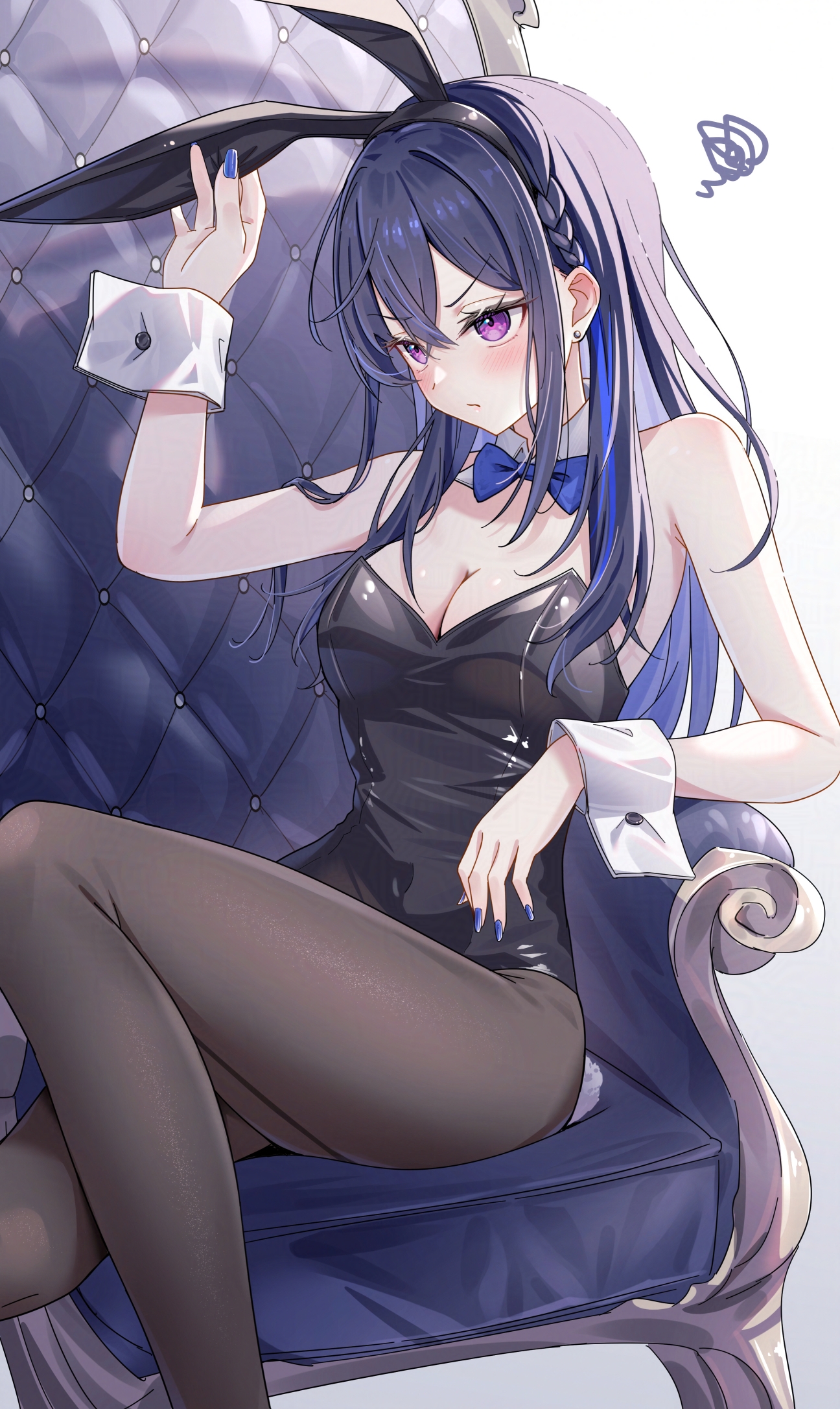 toki (toki ship8), ichinose uruha, lupinus virtual games, vspo!, highres, 1girl, animal ears, bare shoulders, black hair, black hairband, black leotard, blue hair, bow, bowtie, braid, breasts, brown pantyhose, chair, cleavage, detached collar, fake animal ears, hairband, hand up, leotard, long hair, medium breasts, multicolored hair, nail polish, pantyhose, playboy bunny, purple eyes, rabbit ears, sitting sideways, solo, squiggle, strapless, strapless leotard, streaked hair, two-tone hair, v-shaped eyebrows, virtual youtuber, wrist cuffs