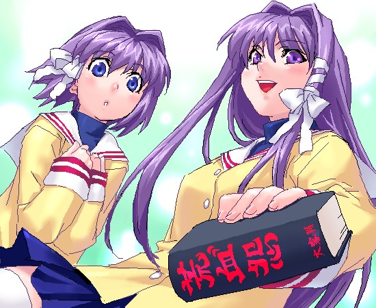 zen, fujibayashi kyou, fujibayashi ryou, clannad, 00s, 2girls, blazer, blush, book, floating hair, hair ribbon, hands on own chest, holding, jacket, long hair, looking down, multiple girls, oekaki, open mouth, purple hair, ribbon, school uniform, serafuku, short hair, siblings, sidelocks, sisters, smile, tress ribbon, twins, very long hair