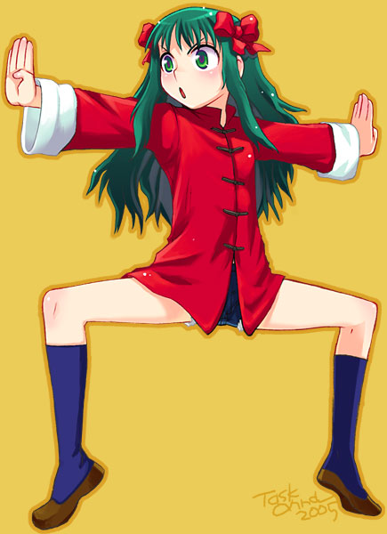 task owner, arima miyako, melty blood, tsukihime, type-moon, 00s, 1girl, :o, blue socks, bow, chinese clothes, female focus, fighting stance, green eyes, green hair, hair bow, kung fu, long hair, matching hair/eyes, no pants, outstretched arms, ribbon, simple background, slippers, socks, solo, spread arms, tangzhuang, tiptoes, yellow background