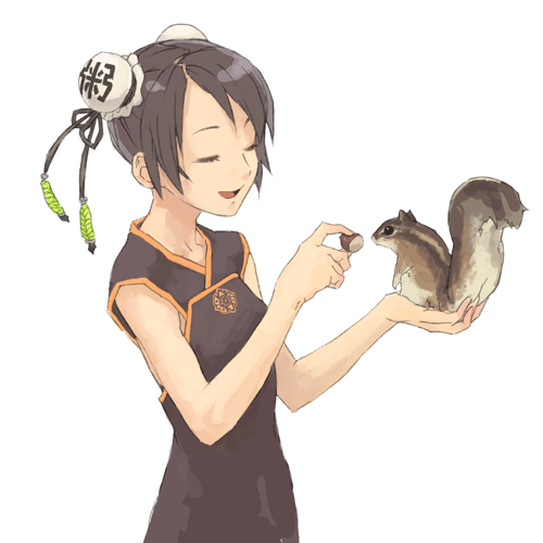 jiyu2, original, lowres, black hair, bun cover, chestnut, chipmunk, double bun, holding, solo, squirrel