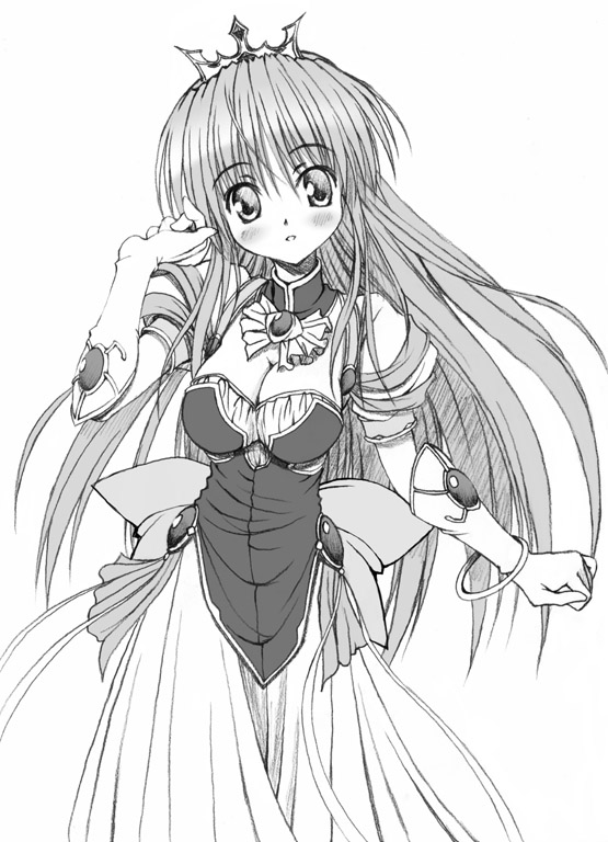 noritama (gozen), feena fam earthlight, yoake mae yori ruri iro na, eyebrows, 1girl, blush, bow, bracelet, breasts, cleavage, crown, detached collar, dress, female focus, gloves, greyscale, jewelry, long hair, monochrome, simple background, solo, white background