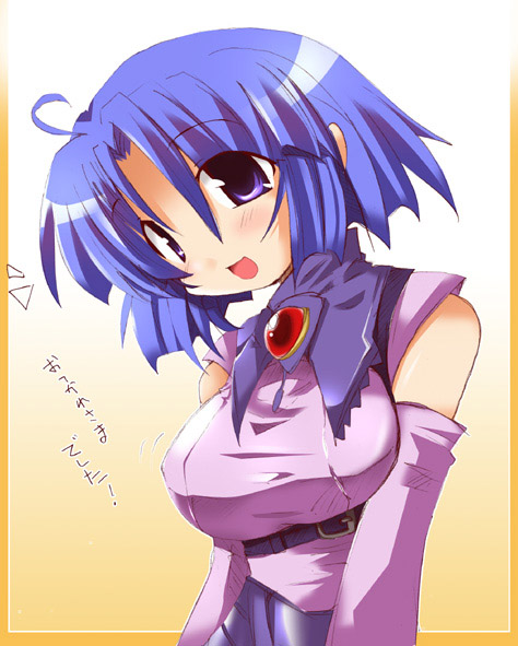 shirogane (platinum), kusuha mizuha, banpresto, super robot wars, 1girl, blue hair, breasts, detached sleeves, female focus, large breasts, open mouth, smile, solo