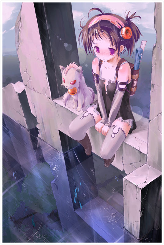 yurikuta tsukumi, original, 1girl, animal, backpack, bag, black dress, boots, dress, dystopia, dystopian, elbow gloves, female focus, foreshortening, gloves, outdoors, pet, purple eyes, randoseru, red eyes, ruins, ruler, scenery, short hair, sitting, solo, thighhighs, water