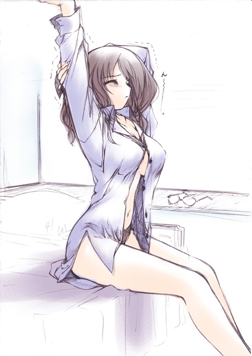 iizuki tasuku, 1girl, bed, black panties, breasts, brown hair, closed eyes, dress shirt, female focus, glasses, lingerie, morning, no bra, no pants, open clothes, open shirt, panties, shirt, sitting, sketch, solo, stretching, underboob, underwear, waking up, yawning