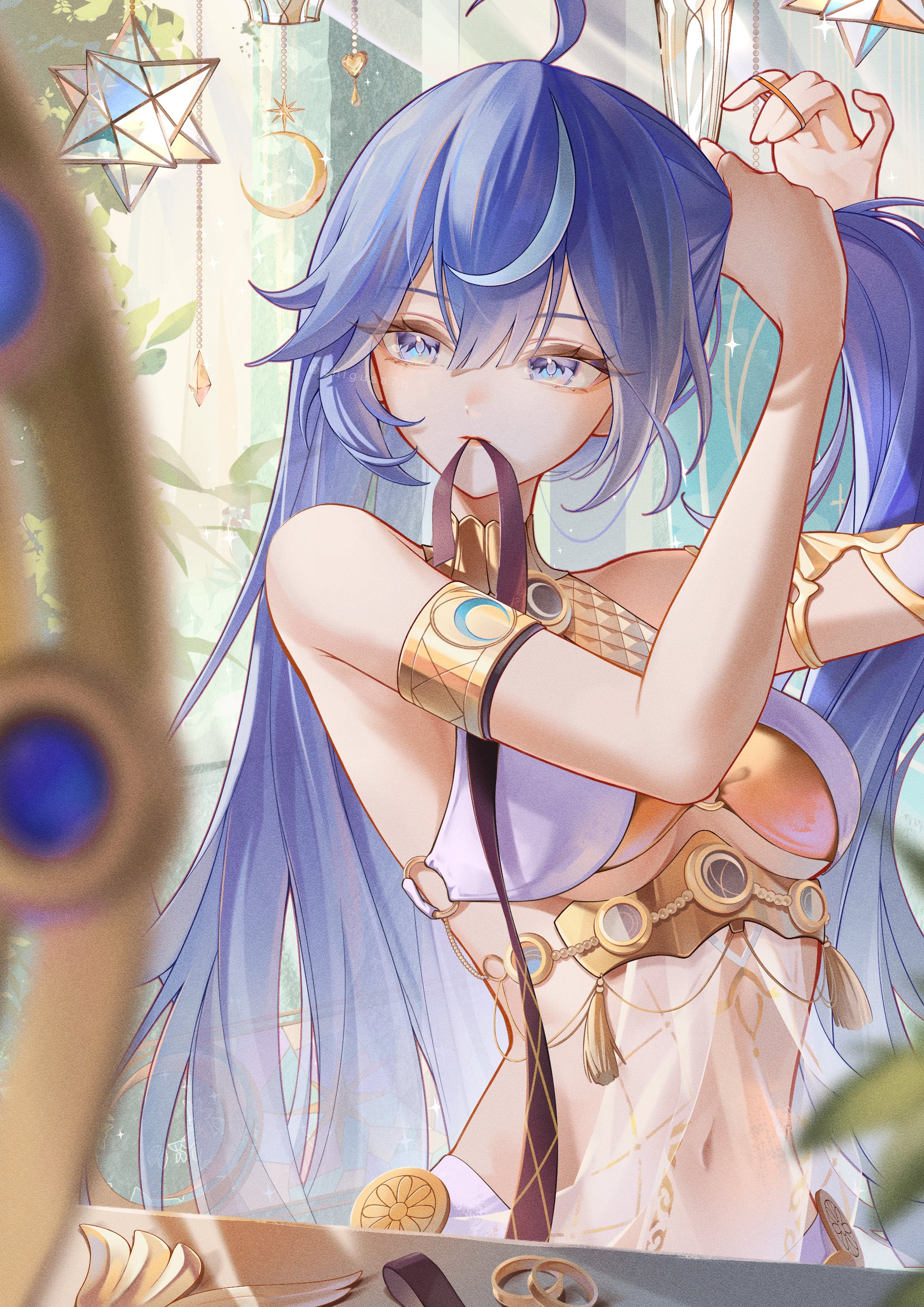 chigusa7h, iuno (wuthering waves), wuthering waves, absurdres, commentary request, highres, 1girl, ahoge, ancient greek clothes, armlet, bare shoulders, blue eyes, blue hair, blurry, blurry foreground, breasts, gold bra, greco-roman clothes, hair ornament, hair tie in mouth, jewelry, long hair, looking afar, medium breasts, mouth hold, multicolored hair, navel, solo, streaked hair, twintails, tying hair, underboob, unworn hair ornament, upper body, very long hair
