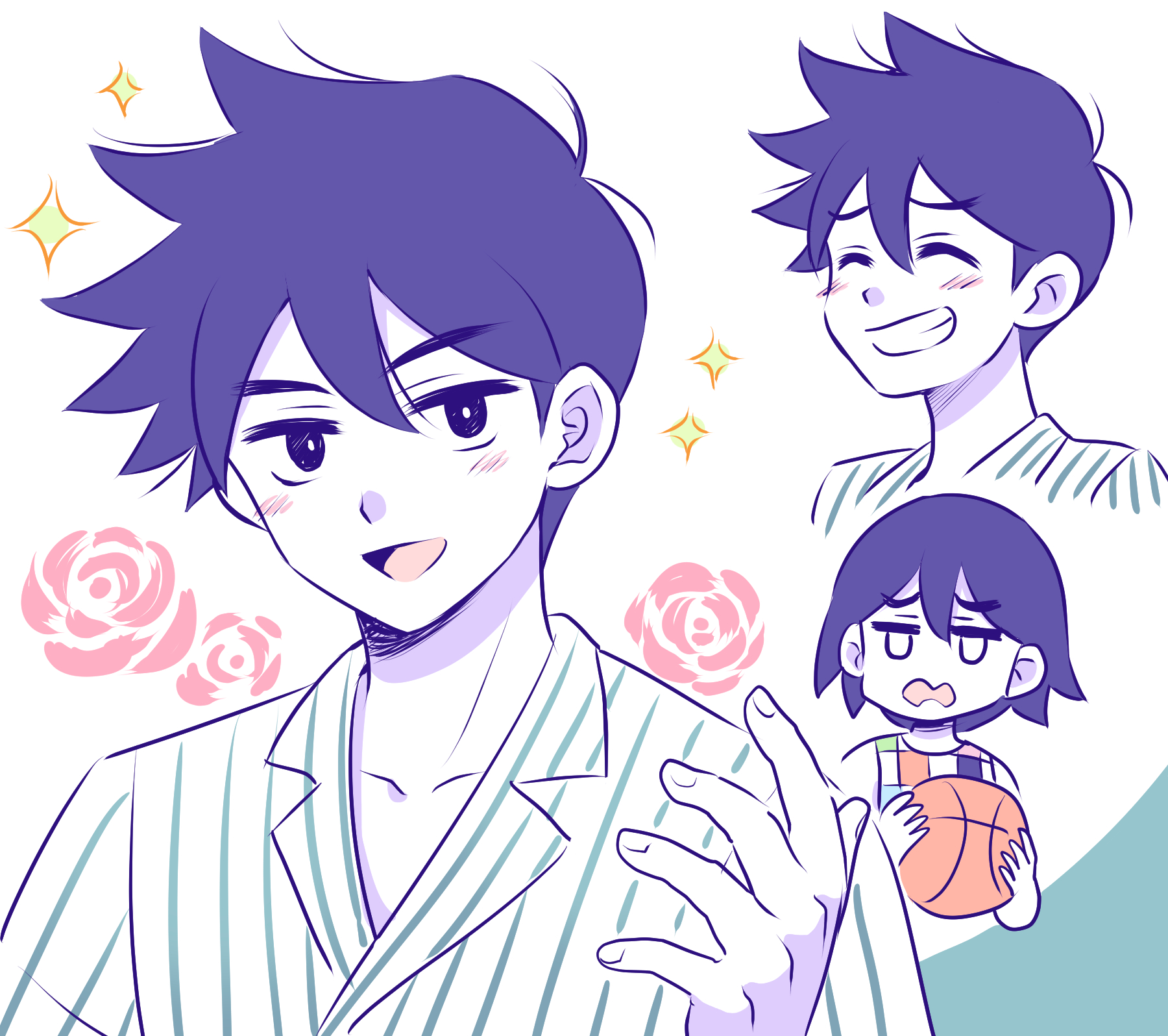 ichi (ichiyarou), hero (headspace) (omori), hero (omori), kel (headspace) (omori), kel (omori), omori, commentary request, highres, 2boys, :d, ^ ^, antenna hair, aqua shirt, ball, bare shoulders, basketball (object), blush, bright pupils, brothers, checkered clothes, checkered shirt, closed eyes, double-parted bangs, fingernails, flower, grin, hair behind ear, hair between eyes, hand up, holding, holding ball, lapels, looking at another, male focus, multiple boys, multiple views, notched lapels, official alternate eye color, open mouth, peanut mouth, pink flower, pink rose, purple eyes, purple hair, raised inner eyebrows, rose, shirt, short hair, siblings, simple background, sleeveless, sleeveless shirt, smile, solo focus, sparkle, striped clothes, striped shirt, thick eyebrows, tongue, two-tone shirt, upper body, upturned eyes, vertical-striped clothes, vertical-striped shirt, very short hair, white background, white eyes, white pupils, white shirt