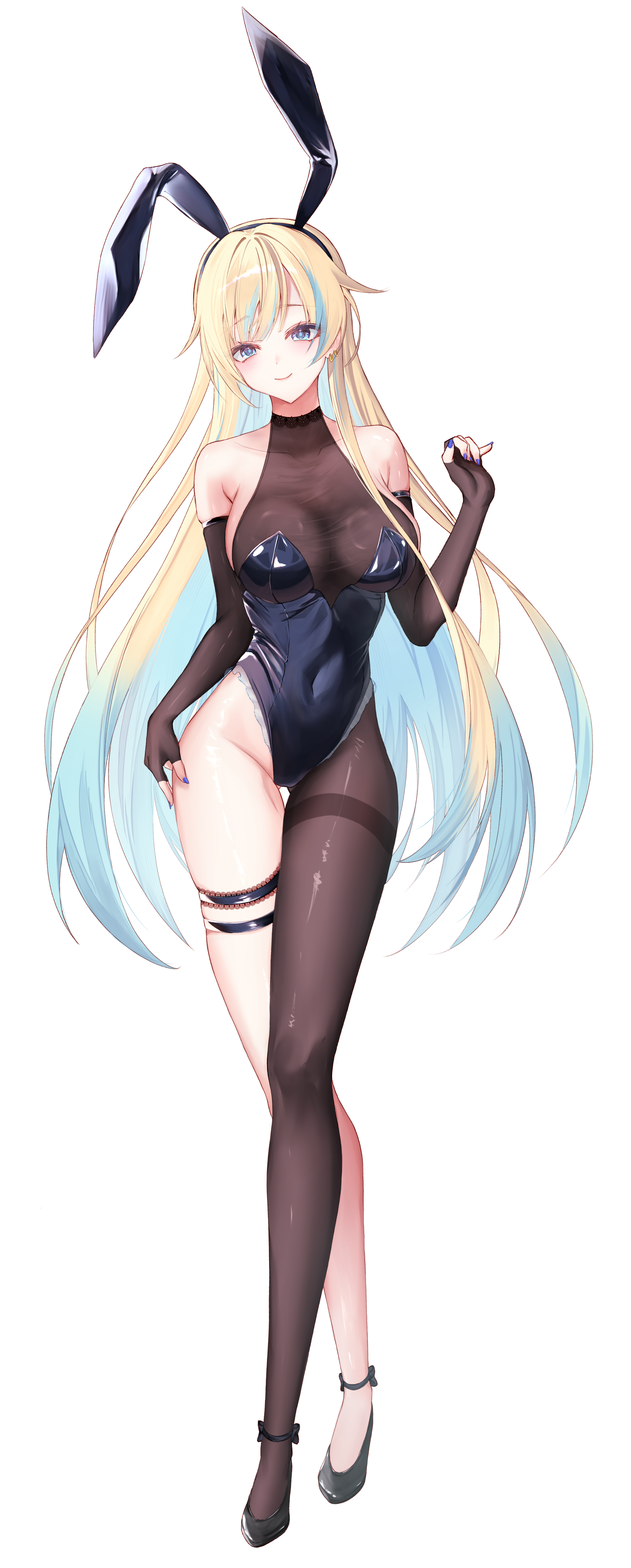 kaeha, aizawa ema, vspo!, absurdres, highres, 1girl, animal ears, aqua eyes, aqua hair, asymmetrical legwear, bare shoulders, black leotard, black pantyhose, blonde hair, blush, breasts, covered navel, detached collar, elbow gloves, fake animal ears, full body, gloves, highleg, highleg leotard, large breasts, leotard, long hair, looking at viewer, multicolored hair, pantyhose, playboy bunny, rabbit ears, smile, solo, strapless, strapless leotard, thigh strap, two-tone hair, virtual youtuber, wrist cuffs
