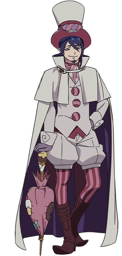 oohigashi yurie, mephisto pheles, ao no exorcist, official art, 1boy, anime coloring, ascot, beard, black eyes, blue eyes, blue hair, boots, capelet, cloak, closed mouth, facial hair, full body, gloves, hat, holding, holding umbrella, jacket, jitome, long sleeves, looking at viewer, pantyhose, pink ascot, pink umbrella, pointy ears, polka dot ascot, purple boots, purple pantyhose, short hair, shorts, simple background, smile, solo, standing, striped clothes, striped pantyhose, top hat, transparent background, umbrella, vertical-striped clothes, vertical-striped pantyhose, white capelet, white cloak, white hat, white jacket, white shorts