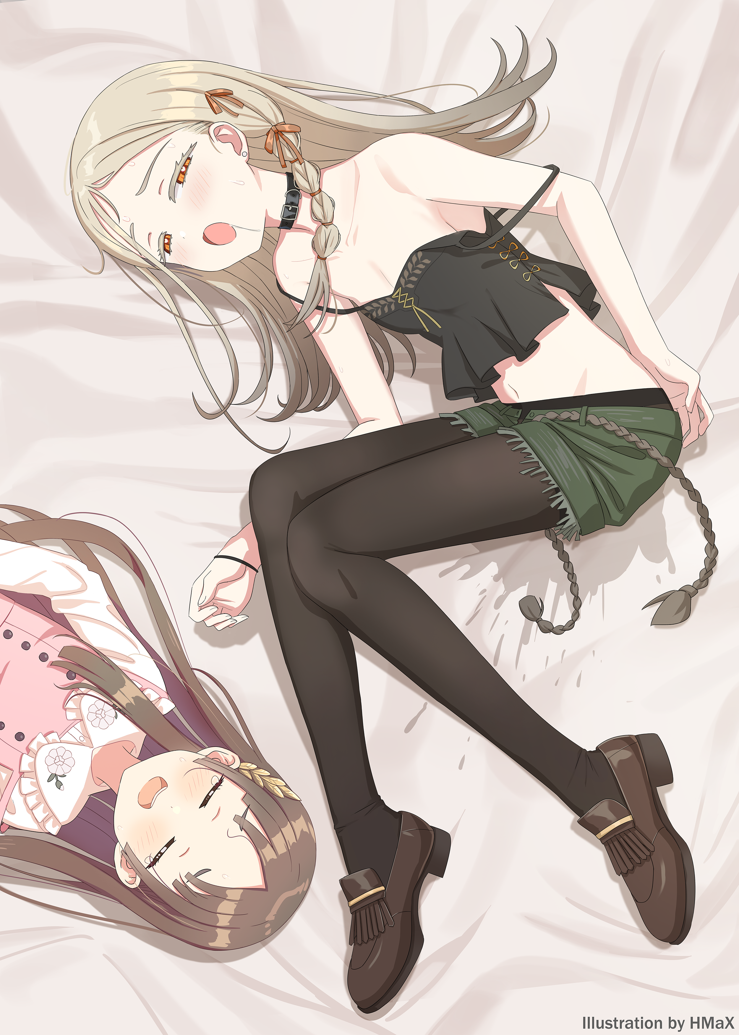 hmax, kuramoto china, shinosawa hiro, gakuen idolmaster, idolmaster, absurdres, highres, 2girls, bare shoulders, black camisole, black choker, black pantyhose, blonde hair, blush, braid, breasts, brown hair, camisole, choker, cleavage, closed eyes, full body, hair ornament, long hair, looking at viewer, lying, midriff, multiple girls, navel, on side, open mouth, orange eyes, pantyhose, short shorts, shorts, sleeping, small breasts, smile, spaghetti strap, strap slip, two-tone shirt, yawning