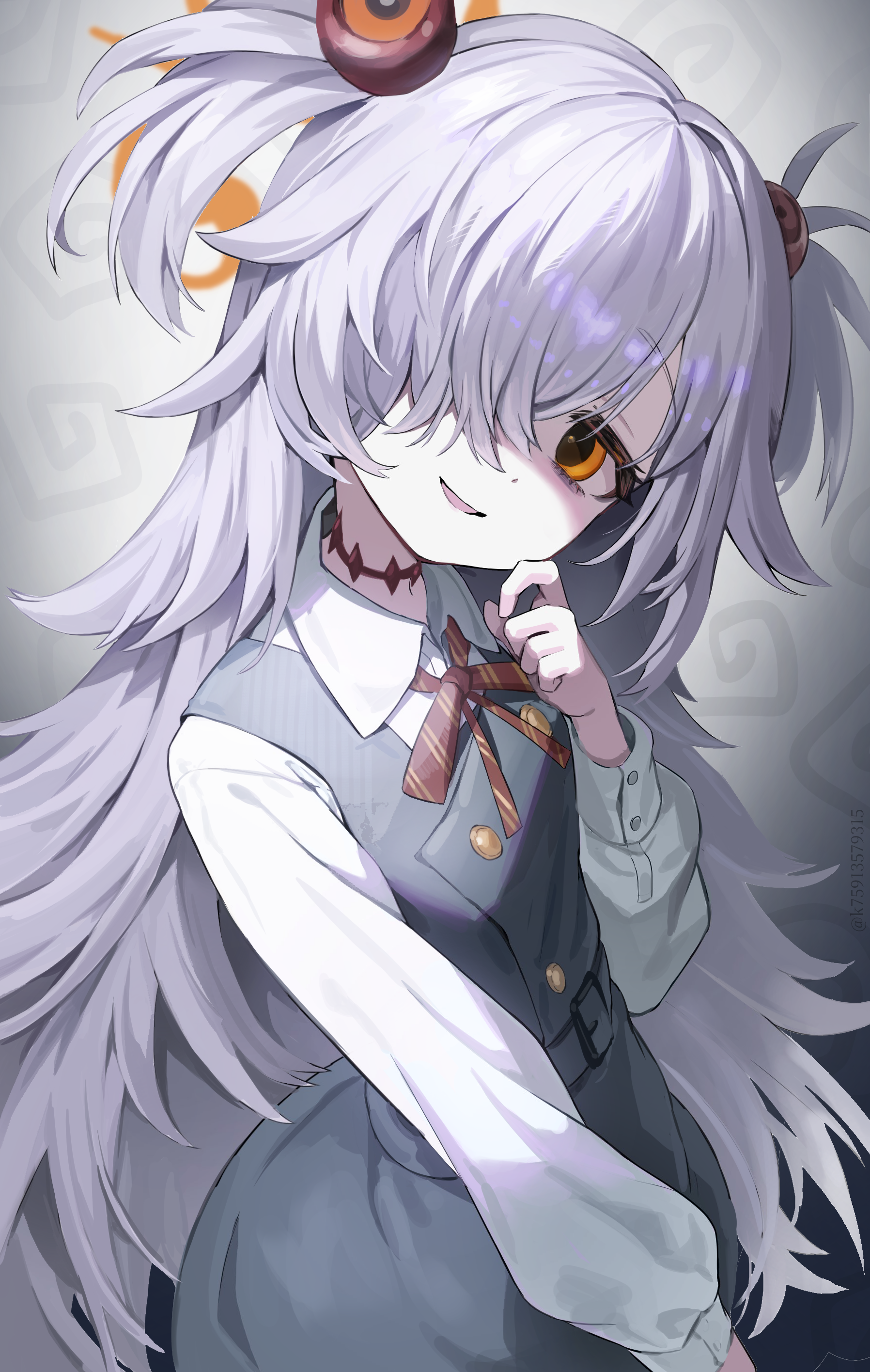 lerome, kanoe (blue archive), blue archive, absurdres, commentary, highres, 1girl, hair over one eye, halo, long hair, looking at viewer, open mouth, orange eyes, orange halo, shirt, solo