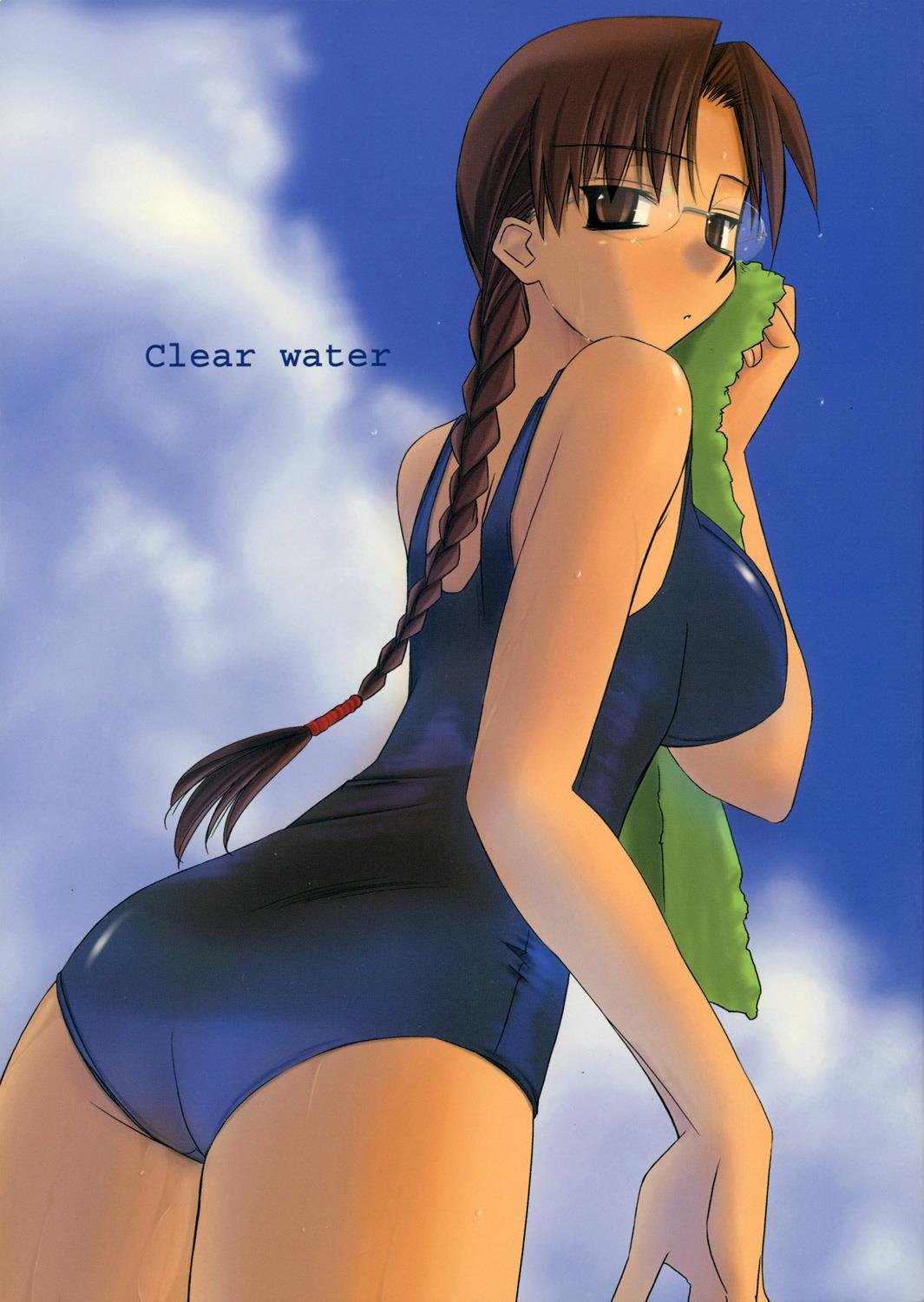 tsuina, hoshina tomoko, to heart, to heart (series), highres, braid, brown hair, glasses, long hair, one-piece swimsuit, school swimsuit, single braid, solo, swimsuit, towel, wet