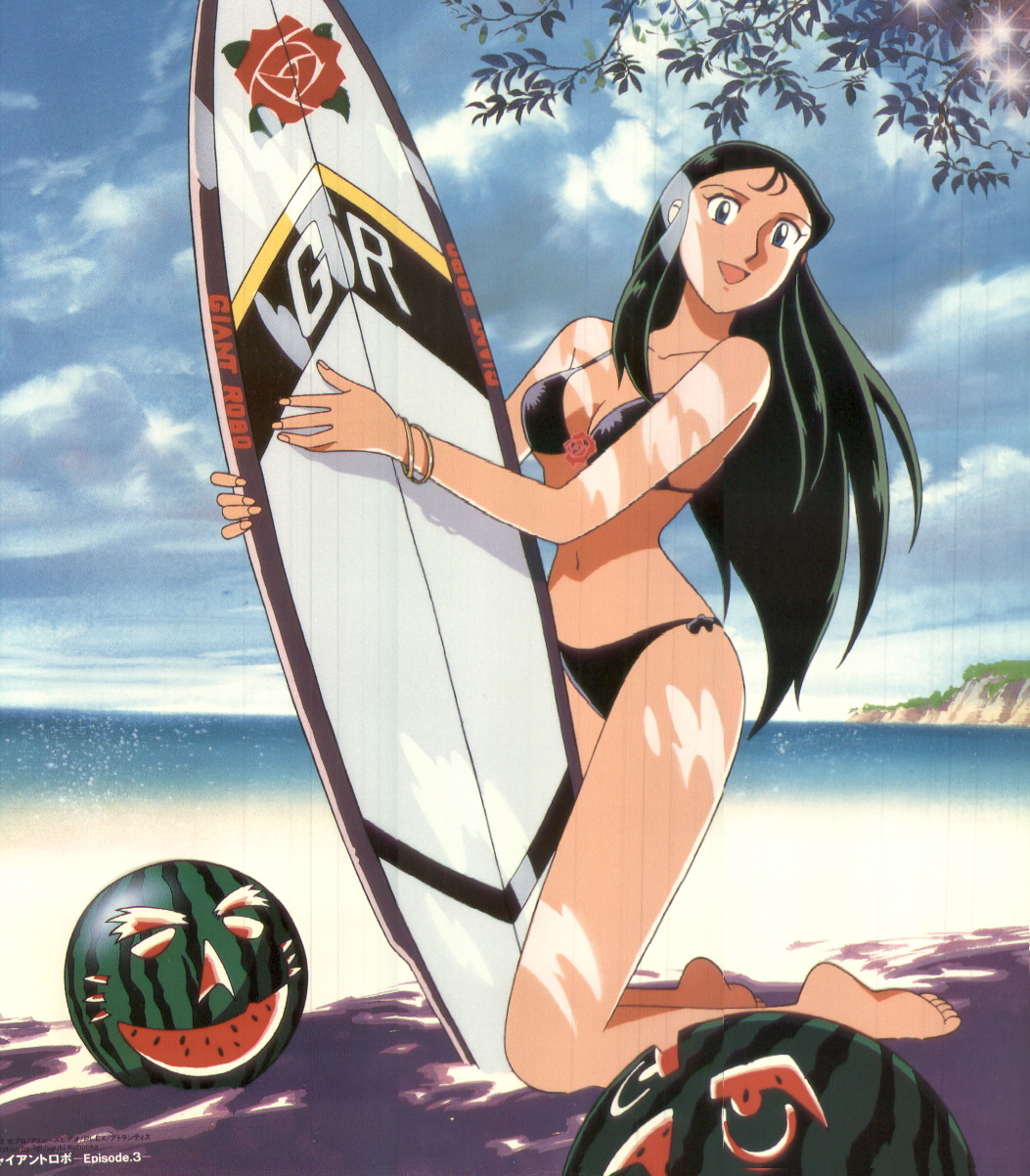 ginrei (giant robo), giant robo, highres, 1girl, beach, bikini, black bikini, black hair, bracelet, cloud, day, female focus, food, fruit, giantrobo, green hair, grey eyes, happy, head tilt, jack-o'-lantern, jewelry, kneeling, long hair, looking at viewer, ocean, open mouth, outdoors, sky, smile, solo, surfboard, swimsuit, tree, very long hair, watermelon