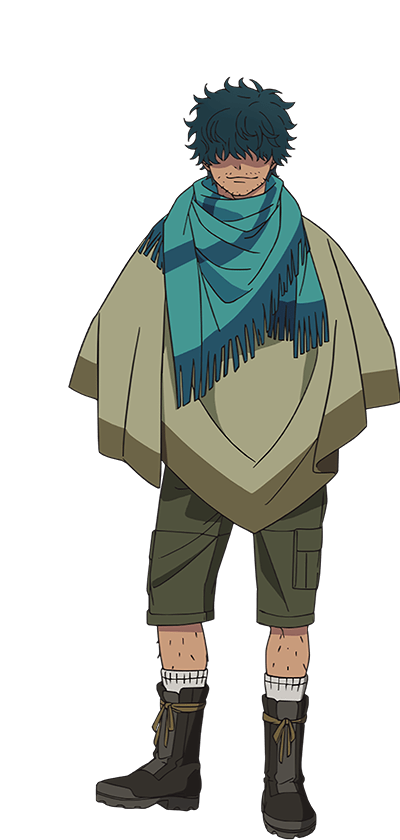 oohigashi yurie, lewin light, ao no exorcist, official art, 1boy, anime coloring, beard stubble, boots, brown poncho, facial hair, full body, green hair, green scarf, green shorts, grey boots, hair over eyes, leg hair, long bangs, looking at viewer, no eyes, pants, poncho, scarf, short hair, shorts, simple background, smile, socks, solo, standing, stubble, transparent background, white socks