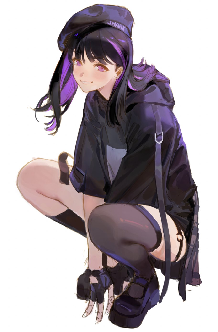 hayamafair, character request, copyright request, highres, 1girl, belt, black gloves, black hair, black shoes, brown thighhighs, colored inner hair, fingerless gloves, full body, gloves, grin, hat, hood, hoodie, long hair, looking at viewer, multicolored hair, platform shoes, purple eyes, purple hat, purple hoodie, purple streaks, shoes, simple background, smile, solo, squatting, teeth, thighhighs, thighs, two-tone hair, white background