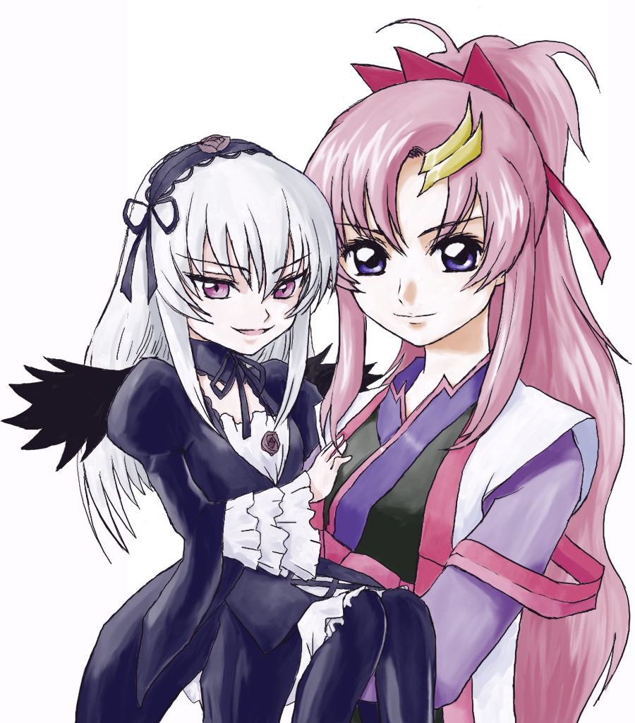 tanaka rie, lacus clyne, suigintou, gundam, gundam seed, rozen maiden, silver hair, black wings, crossover, dress, hair between eyes, lifting person, long hair, parody, pink hair, ponytail, purple eyes, seed, simple background, voice actor connection, white background, wings