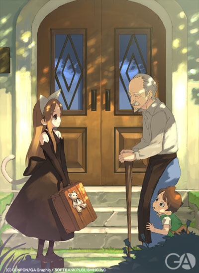 gunpom, gagraphic, 1girl, 2boys, animal ears, apron, black gloves, bow, brown hair, bush, cameo, cane, cat ears, cat tail, child, closed eyes, door, dress, elbow gloves, full body, gloves, grass, grey hair, holding, house, long hair, looking at another, looking up, multiple boys, old, old man, peeking out, profile, shadow, shirt, short hair, sidelocks, size difference, sleeveless, sleeveless dress, smile, stairs, standing, stuffed animal, stuffed toy, suitcase, tail, teddy bear, v arms, waist apron