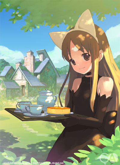 gunpom, gagraphic, 1girl, animal ears, cat ears, fake animal ears, female focus, solo, tea