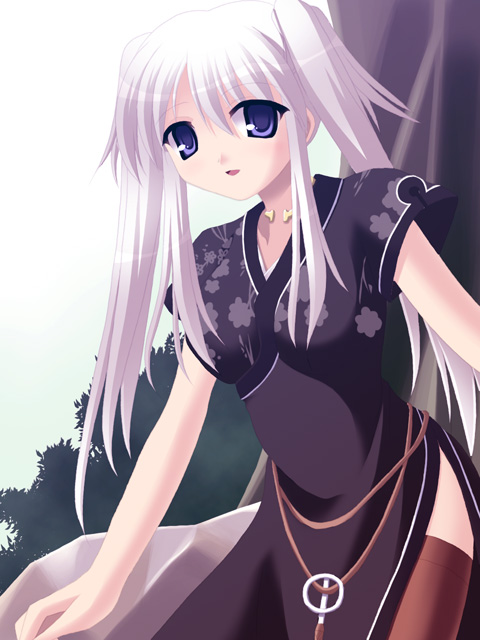 nao (mabinogi), mabinogi, 1girl, :d, against tree, arm support, belt, blue eyes, brown thighhighs, china dress, chinese clothes, dress, female focus, floral print, forest, gradient background, hair between eyes, hair over breasts, jewelry, leaning forward, looking at viewer, nature, necklace, open mouth, outdoors, parted bangs, rock, side slit, sidelocks, sky, smile, solo, standing, thighhighs, tree, twintails, white hair