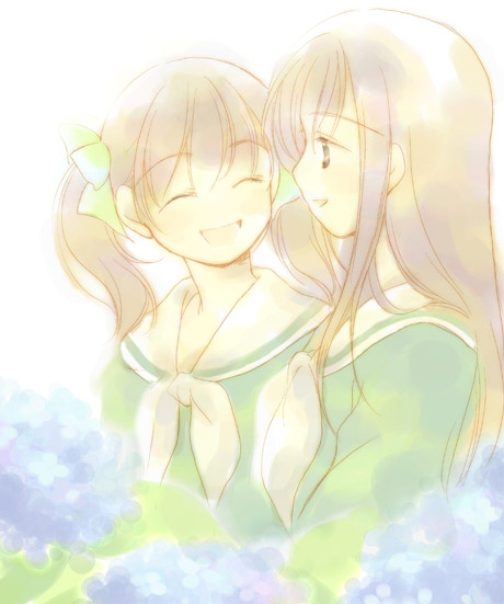 fukuzawa yumi, toudou shimako, maria-sama ga miteru, 00s, 2girls, brown hair, closed eyes, flower, happy, hydrangea, long hair, multiple girls, neckerchief, pale color, pastel colors, profile, school uniform, smile, twintails