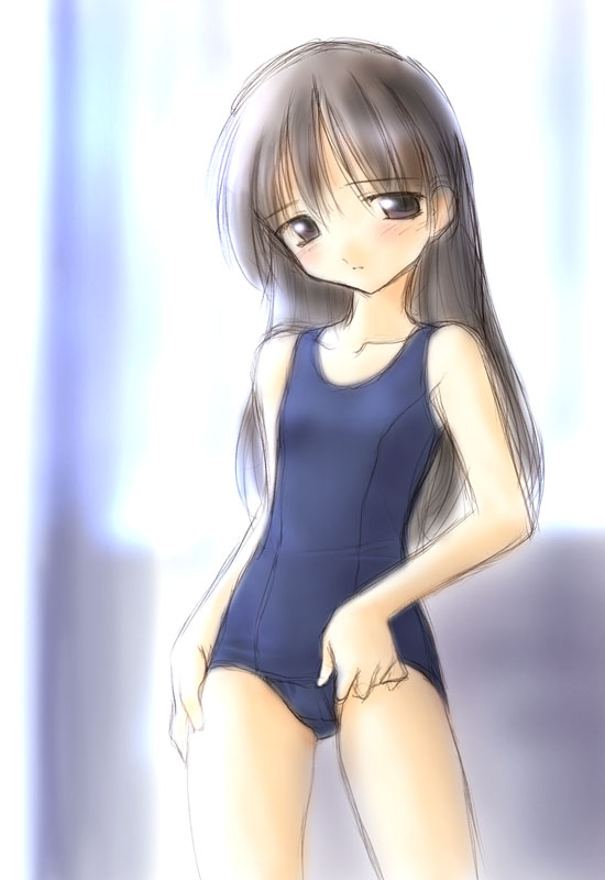 norizou type-r, 1girl, adjusting clothes, adjusting swimsuit, one-piece swimsuit, school swimsuit, sketch, solo, swimsuit