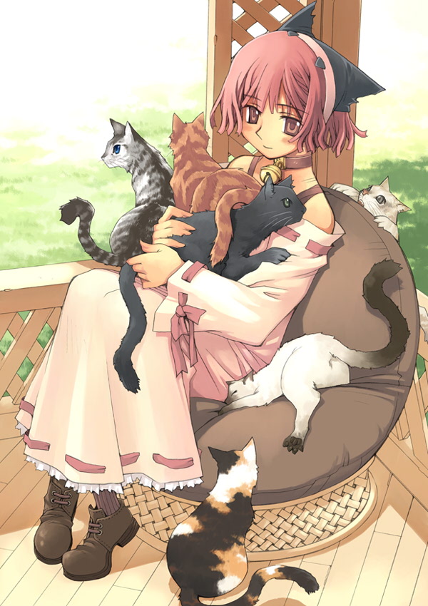 irumo haruaki, original, 1girl, animal hat, bare shoulders, bell, black cat, blush, calico (pattern), calico cat, cat, chair, collar, dress, female focus, full body, hairband, haruaki irumo, hat, jingle bell, long sleeves, pantyhose, red eyes, red hair, ribbon-trimmed clothes, ribbon-trimmed sleeves, ribbon trim, short hair, sitting, smile, solo, too many, too many cats, veranda, wooden floor
